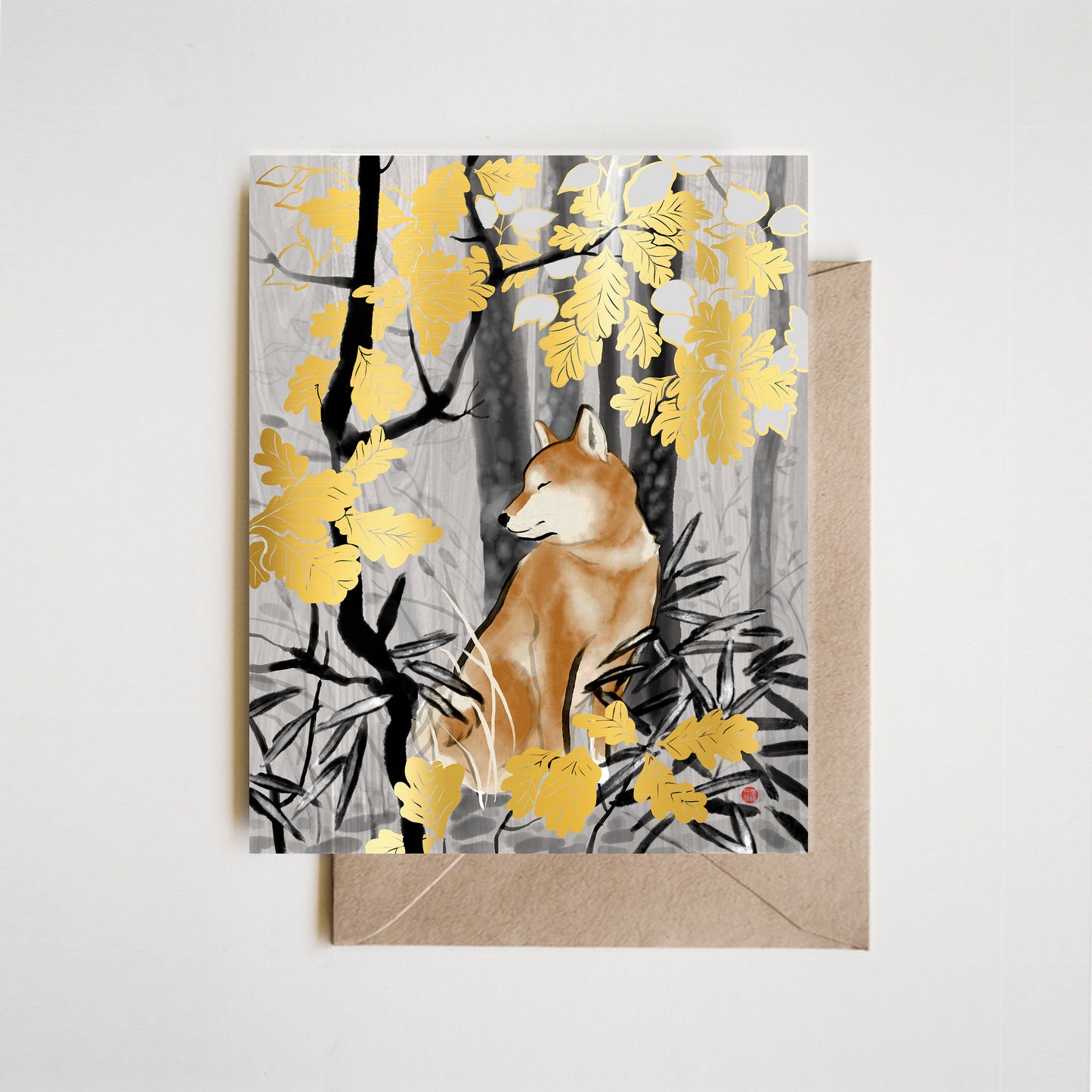 Shiba Inu in Golden Autumn Forest | Nature-Inspired Sumi Ink Greeting Card, A2 Art Stationery with Foil Details