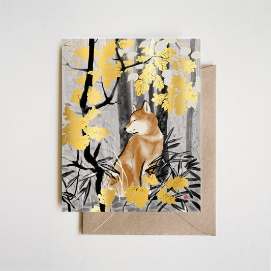Shiba Inu in Golden Autumn Forest | Nature-Inspired Sumi Ink Greeting Card, A2 Art Stationery with Foil Details