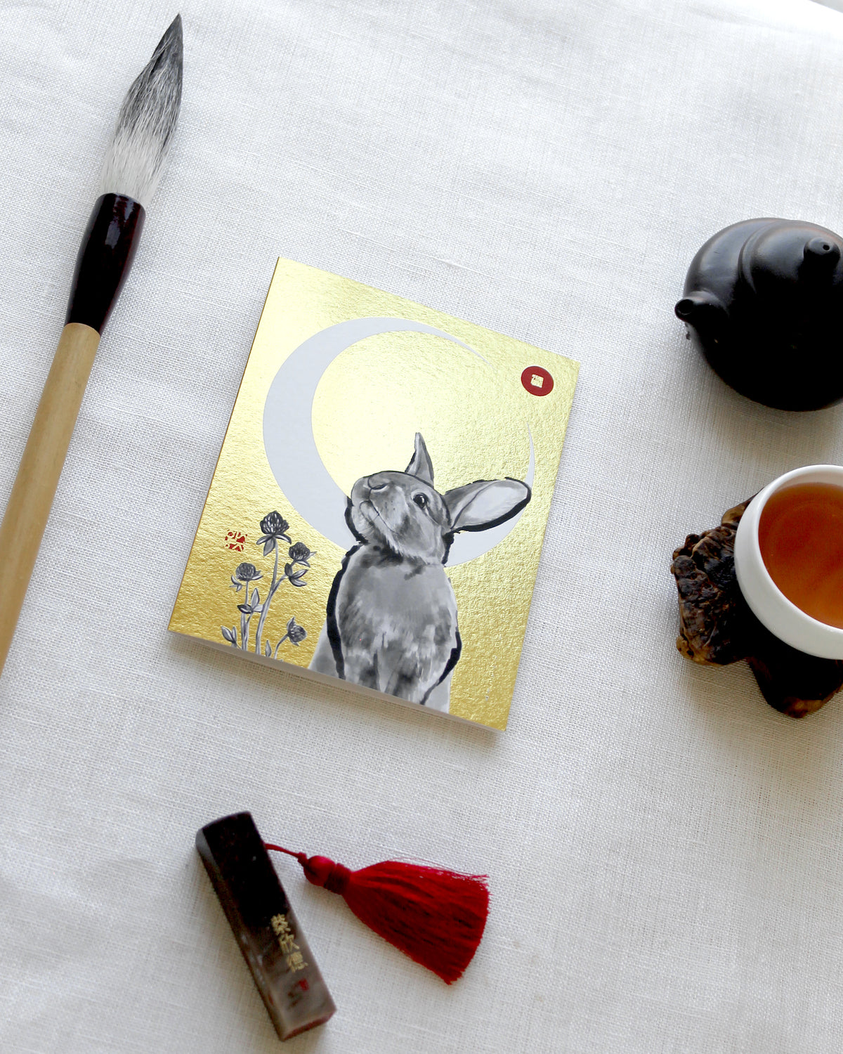 Golden Rabbit Greeting Card | Gold Foil Zodiac New Year Birthday Sumi Ink Wash Art