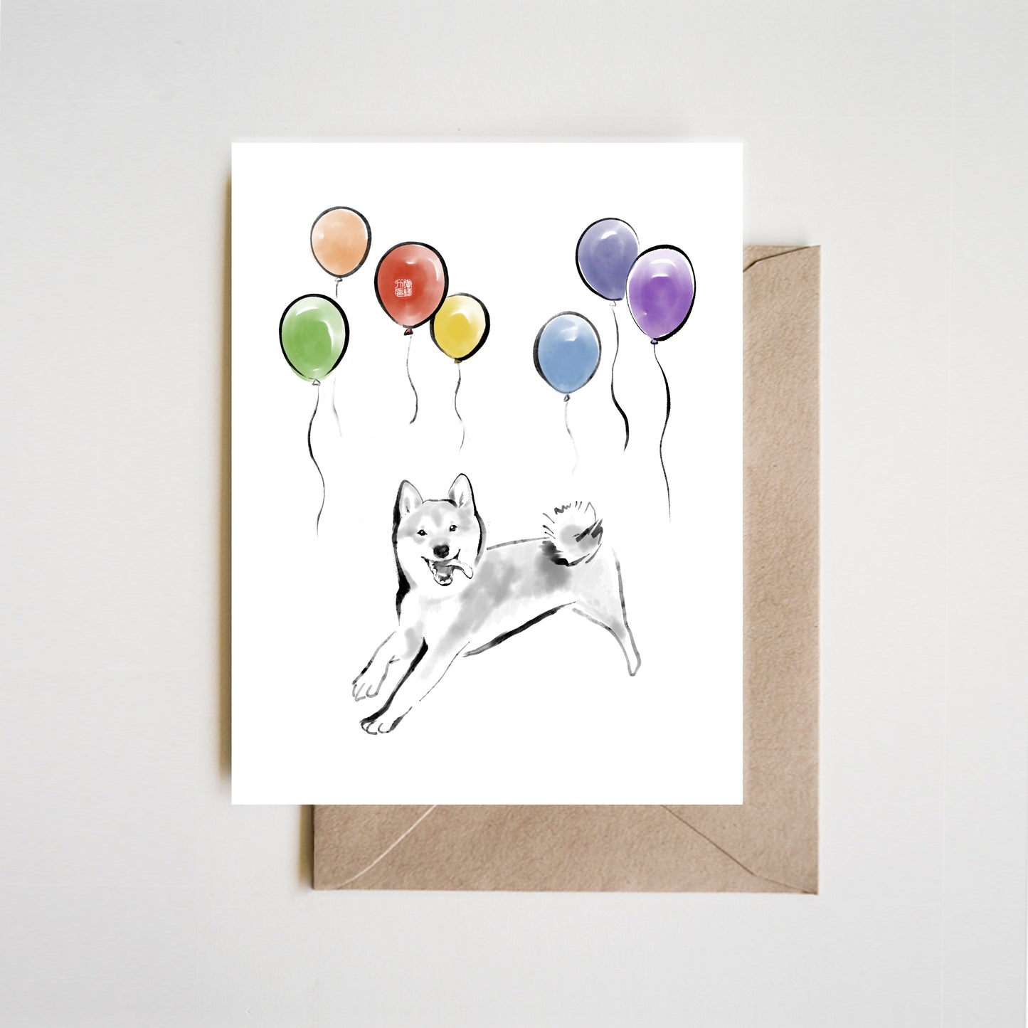 Rainbow Balloons Shiba Inu Greeting Card – Playful Sumi Ink Illustration for Birthday, Celebration