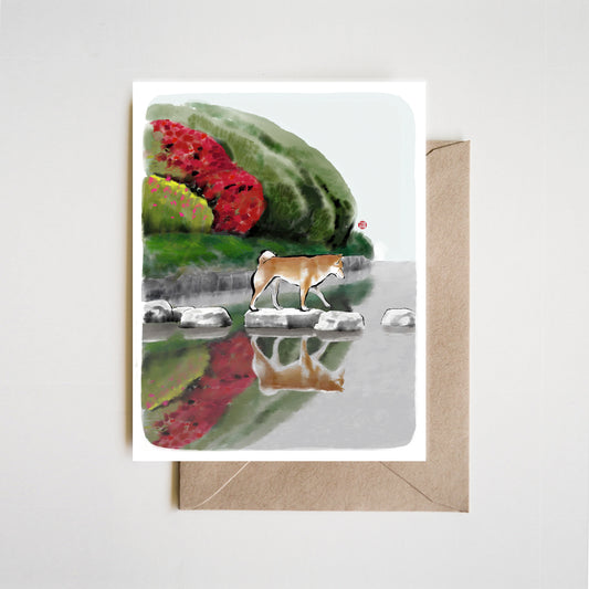 Reflection Shiba Inu on Stepping Stones Greeting Card | Modern Sumi Ink Japanese Landscape Art Tranquil Nature Dog Illustration