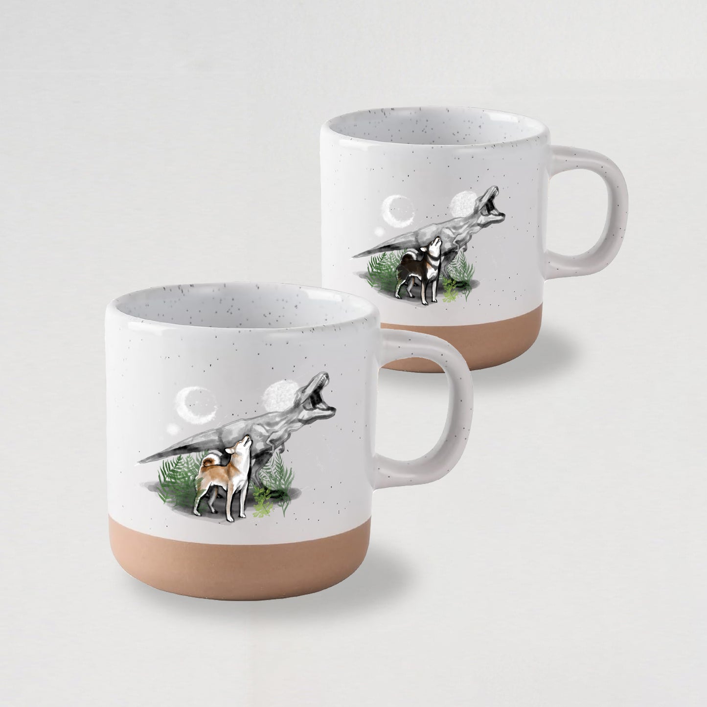 Shiba Meets T-Rex Ceramic Mug – Modern Sumi Ink Illustration, Dinosaur & Dog Art Mug