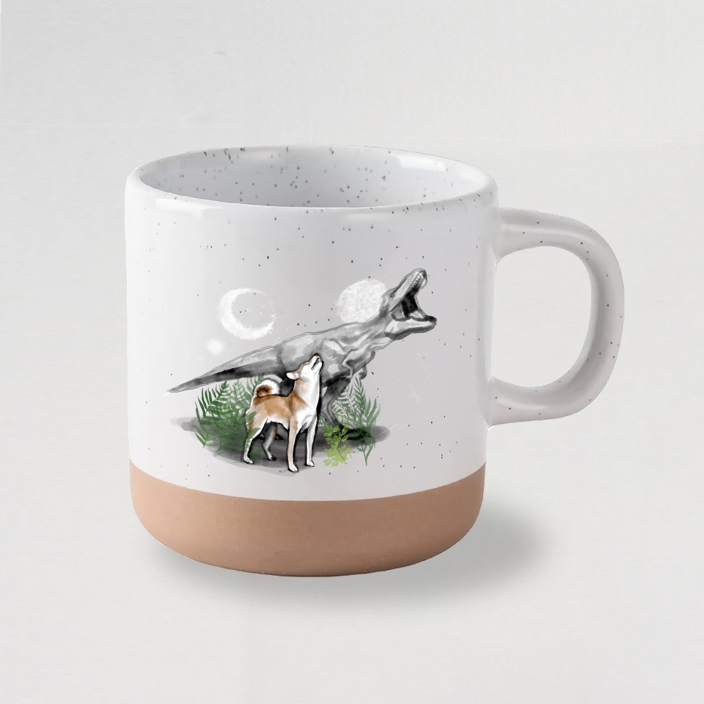 Shiba Meets T-Rex Ceramic Mug – Modern Sumi Ink Illustration, Dinosaur & Dog Art Mug
