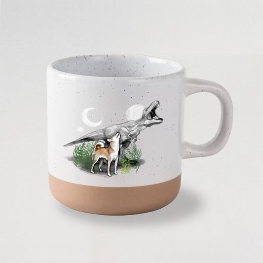 Shiba Meets T-Rex Ceramic Mug – Modern Sumi Ink Illustration, Dinosaur & Dog Art Mug