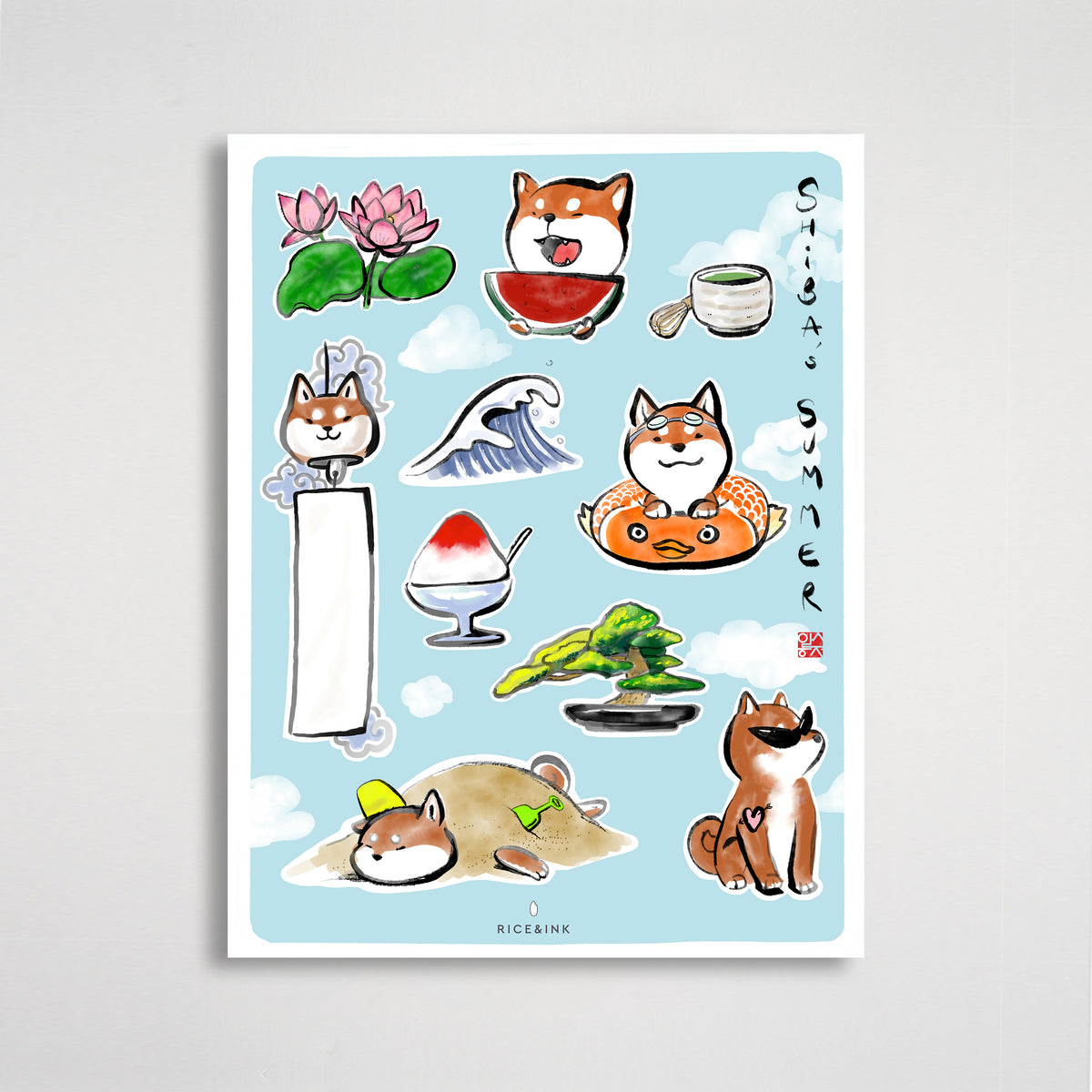 Shiba's Summer | Mulberry Paper Sticker Sheet | Cute Pet Jounal Lovers