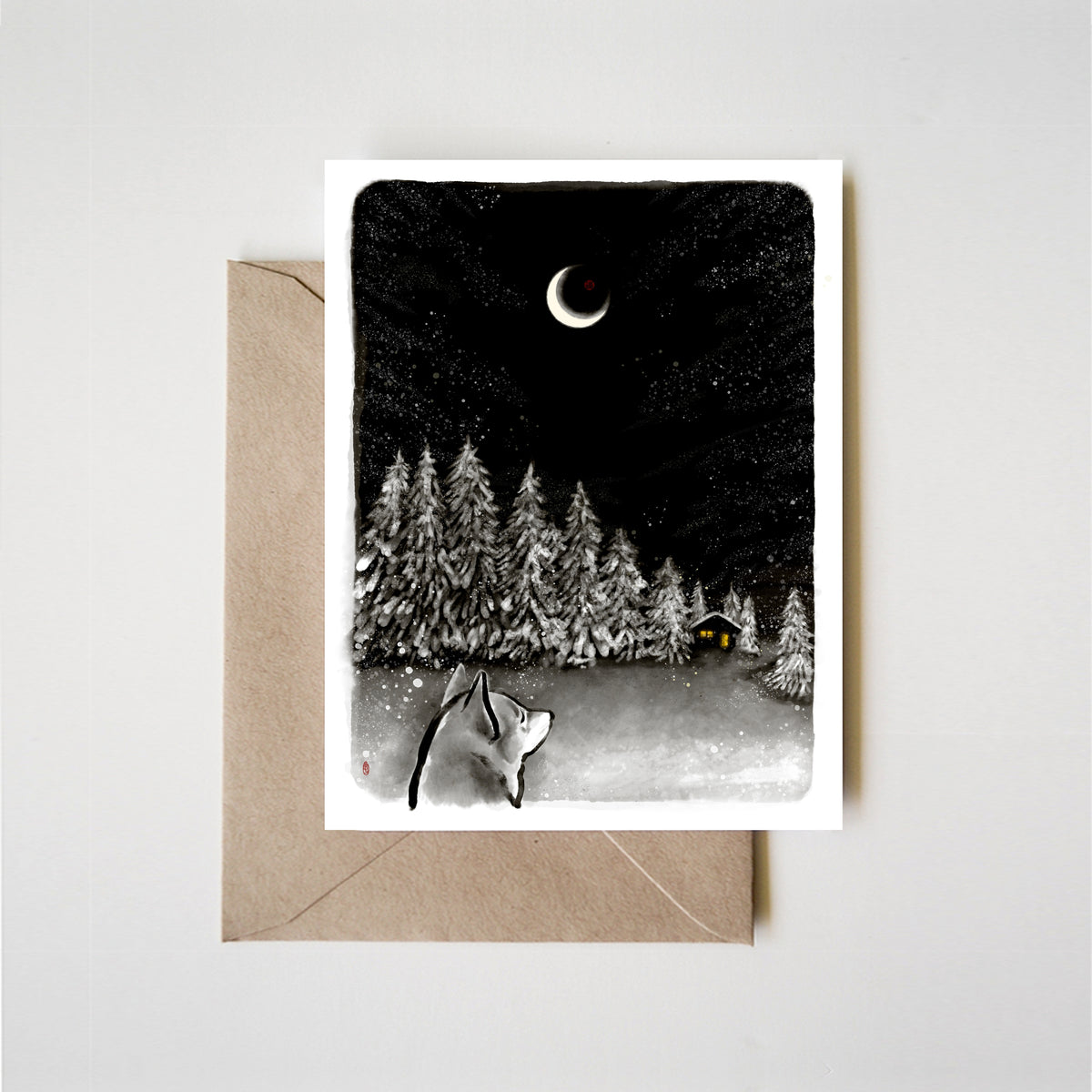Home Sweet Home Shiba Inu Moonlit Winter Greeting Card | Holiday Christmas