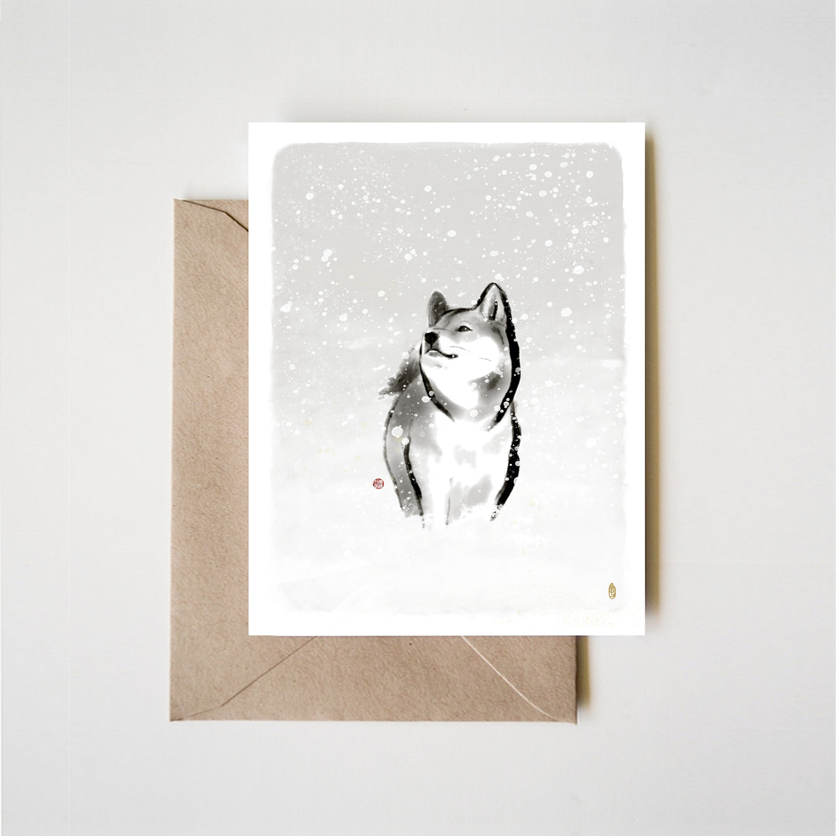 Warm Wishes Shiba Inu Winter Greeting Card | Sumi Ink Snow Holiday Blank Christmas