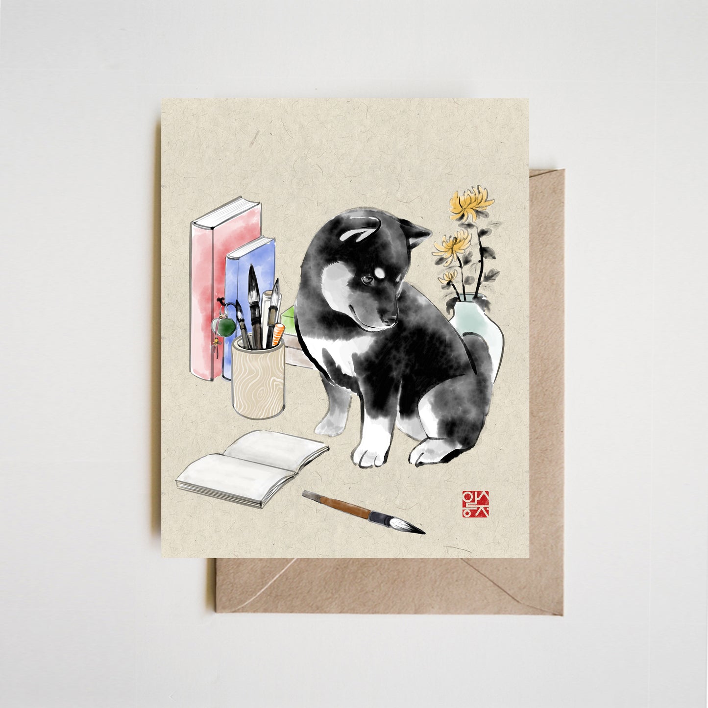Shiba Inu Thank You Card – Teacher, Graduation, or Mentor Greeting – Books & Chrysanthemums in Sumi Ink Style