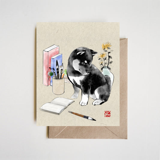Shiba Inu Thank You Card – Teacher, Graduation, or Mentor Greeting – Books & Chrysanthemums in Sumi Ink Style