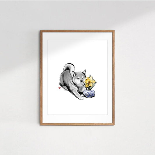 Yellow Daffodil Shiba Inu Art Print Poster | Illustration Modern Sumi-e Painting Ink Zen Drawing Japanese Wall Deco B&W March Birth Flower