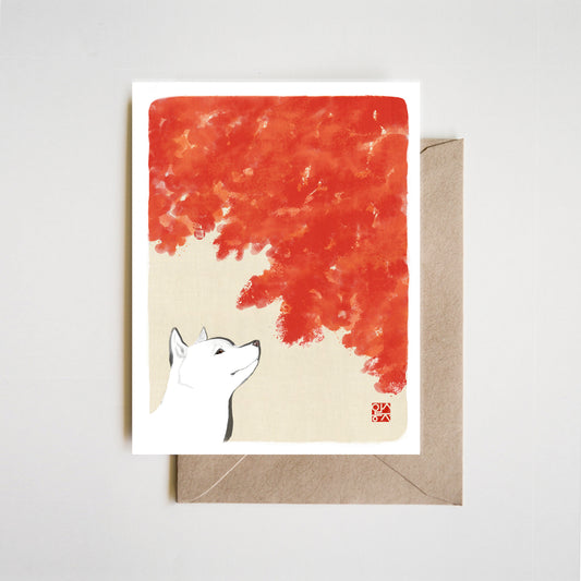 Shiba Inu Under Red Maple Greeting Card – Nature Inspired Sumi Ink Art, Fall Foliage Stationery for Dog Lovers