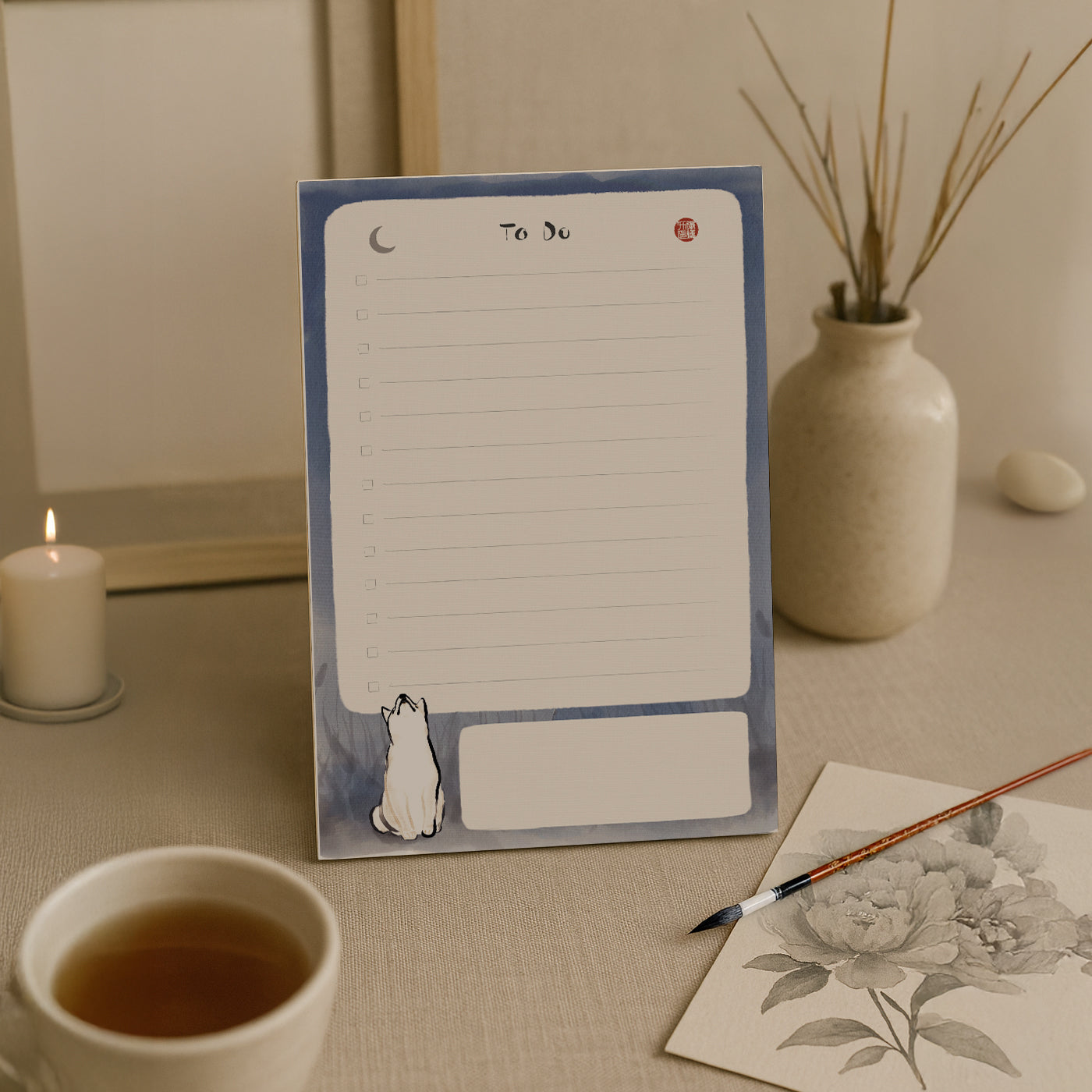 Shiba To-Do List Notepad – 50 Sheets, Minimal Ink Art Stationery with Moon Design