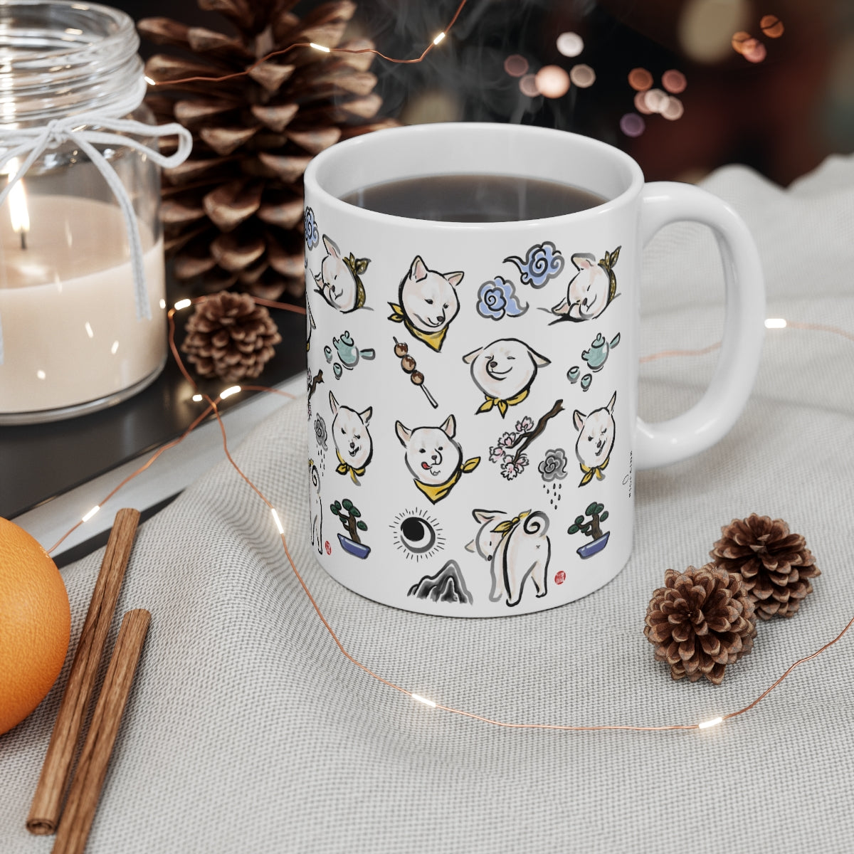 Cream Shiba Inu Chronicle Mug | Sumi-e Ink Gift Painting Japanese Cute Dog Animal Illustration Tea Coffee Birthday