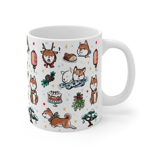 Happy Shiba Holiday Mug | Sumi-e Ink Gift Painting Japanese Cute Dog Animal Illustration Tea Coffee Christmas