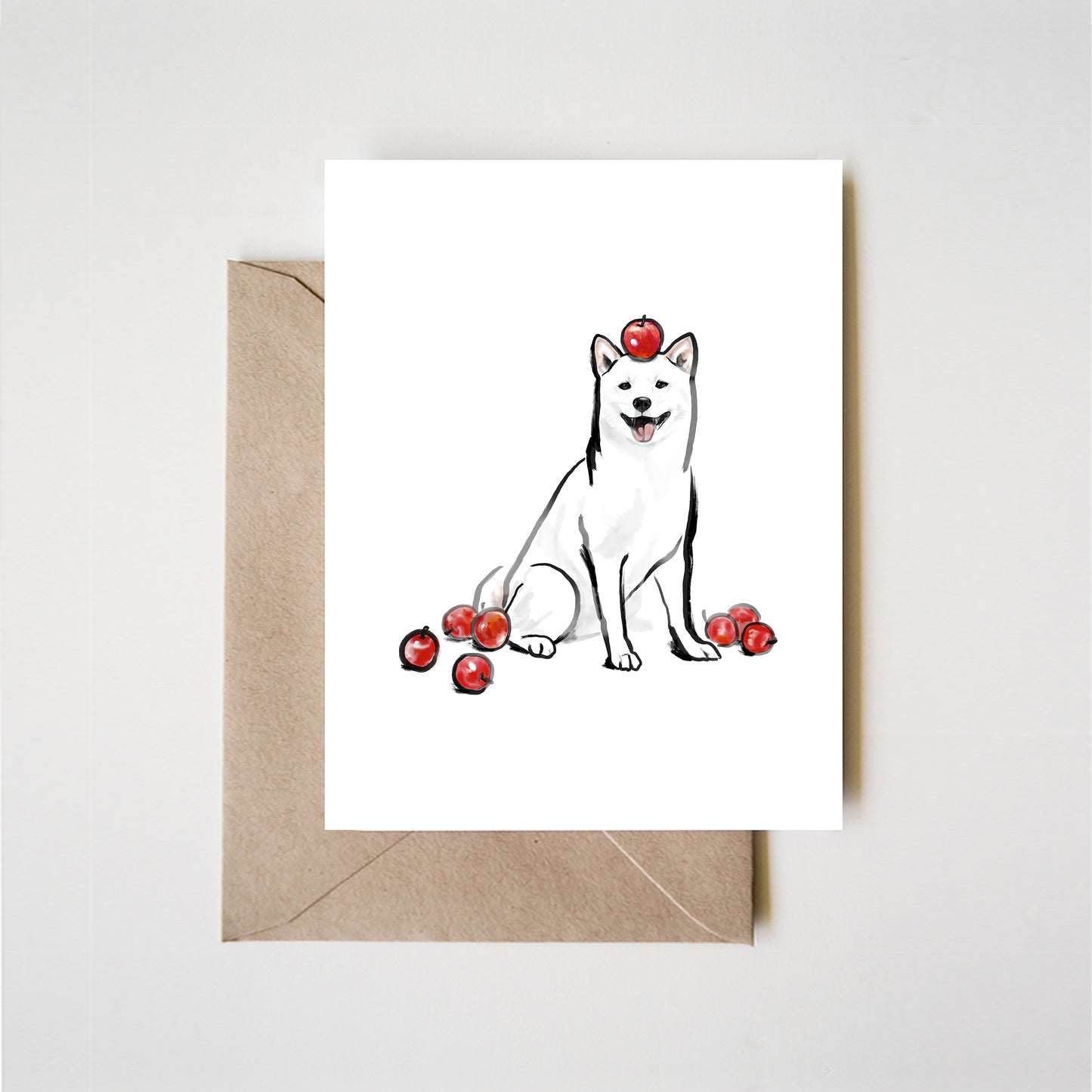 Apple and Shiba Inu Greeting Card | Red Fruit Sumi-e Painting Ink Illustration Zen Asian Dog Puppy Anniversary Baby Shower Pet Lovers