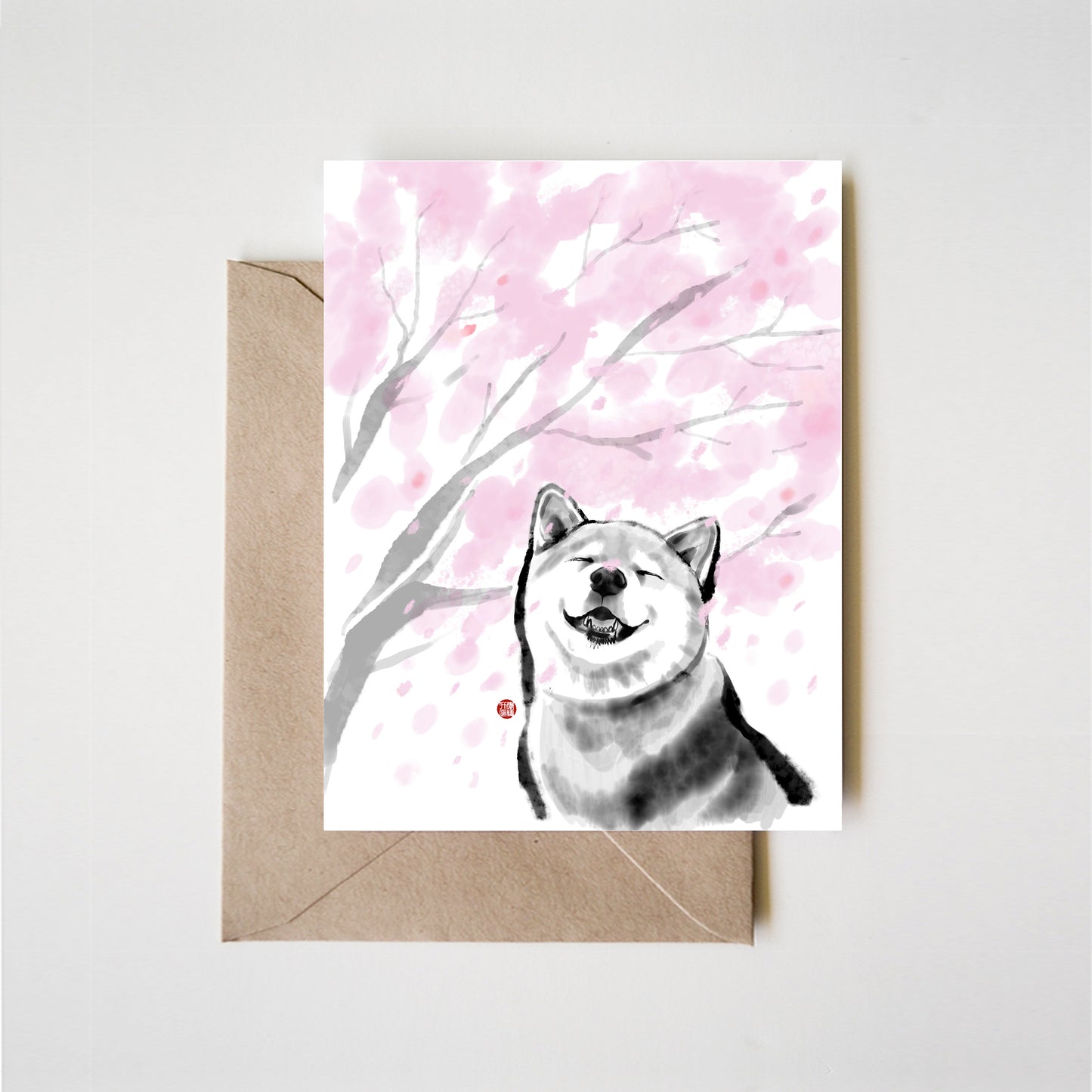 Cherry Blossom Smile Shiba Inu Greeting Card | Sumi-e Ink Painting Print Pet illustration Wabi Sabi Asian zen theme Dog lover Sakura