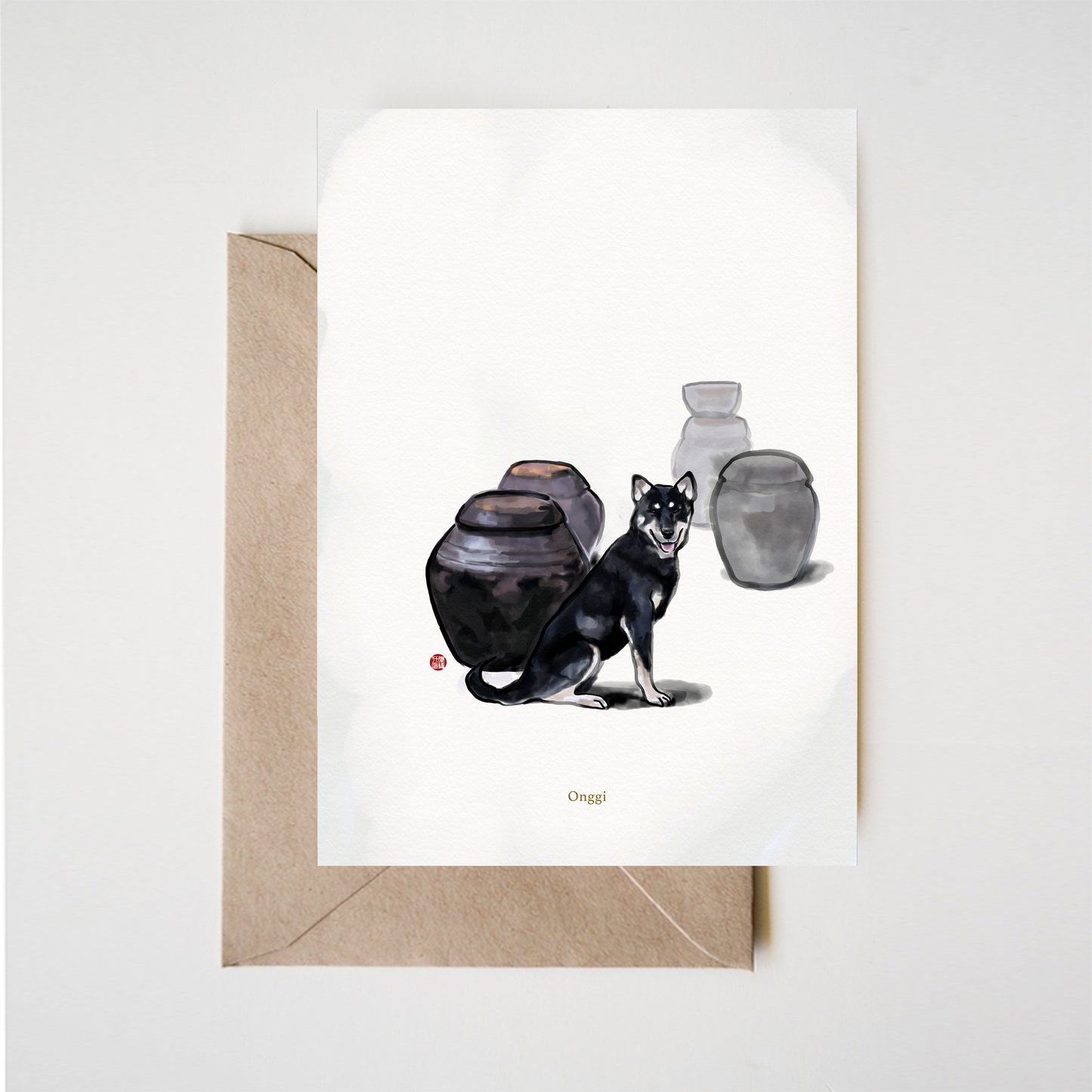Jindo Dog Earthenware Greeting Card, Sumi-e Painting Korean Heritage Onggi Pot