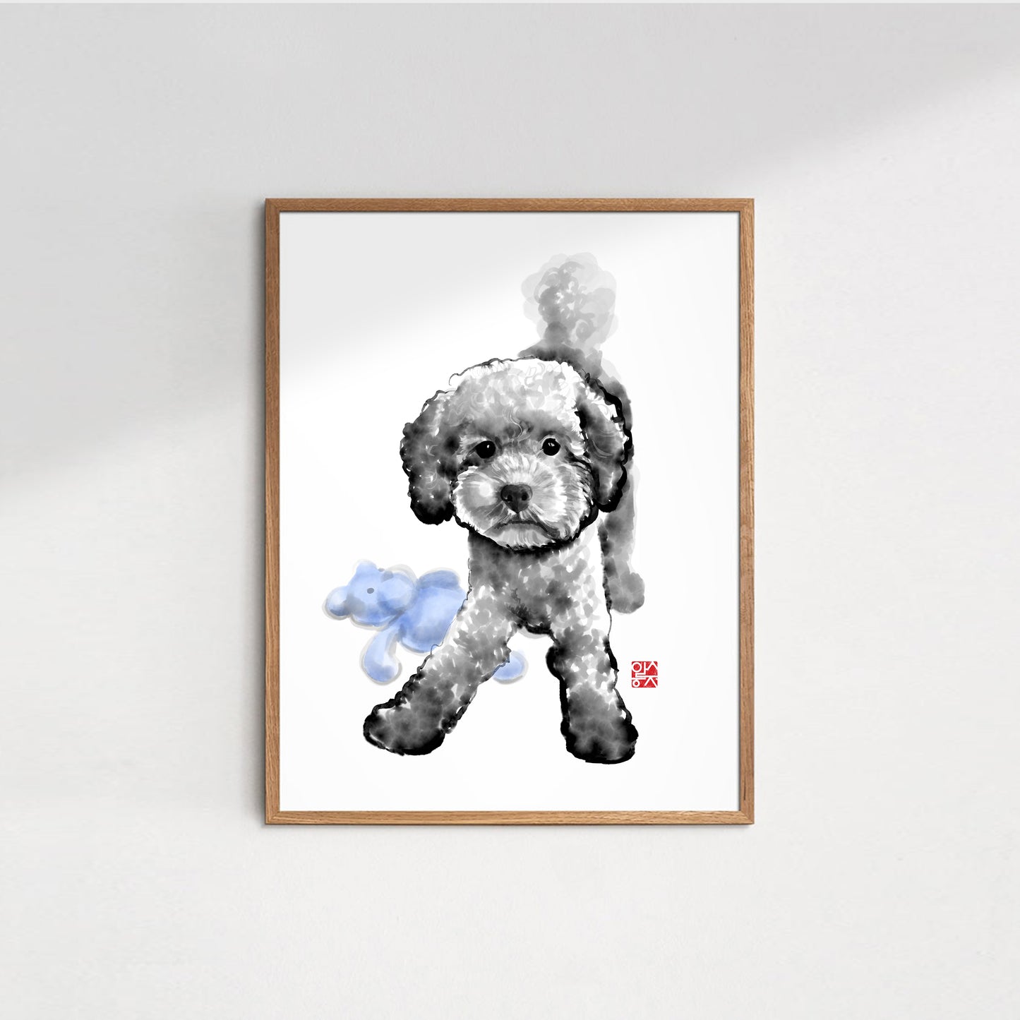 Poodle and Teddy Bear Art Print Poster | Sumi-e Painting dog Ukiyo-e Ink Animal Illustration Asia Zen