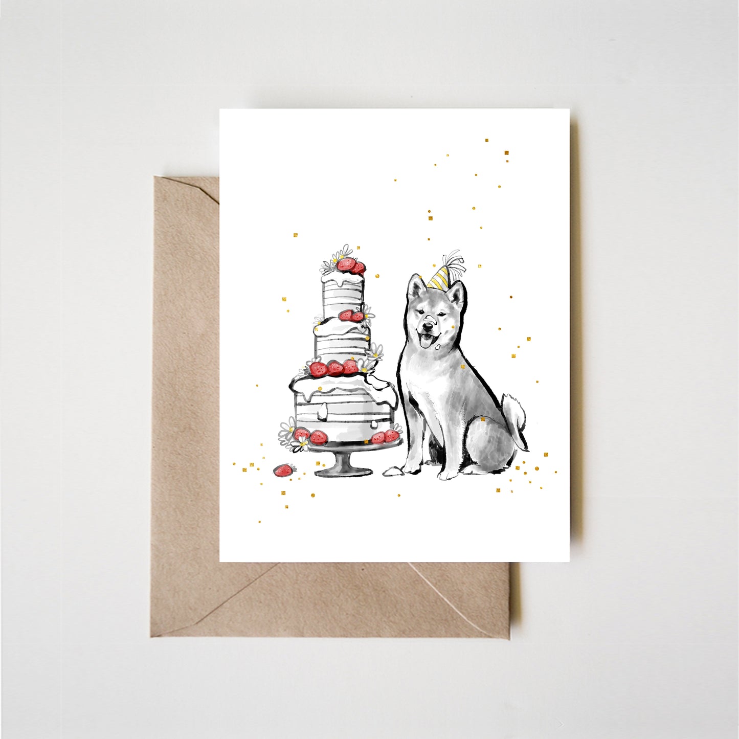 Happy Birthday Cake Shiba Puppy Gold Foiled Greeting Card | Sumi-e Ink Anniversary Confetti Pet Asian Japanese Zen Dog lover