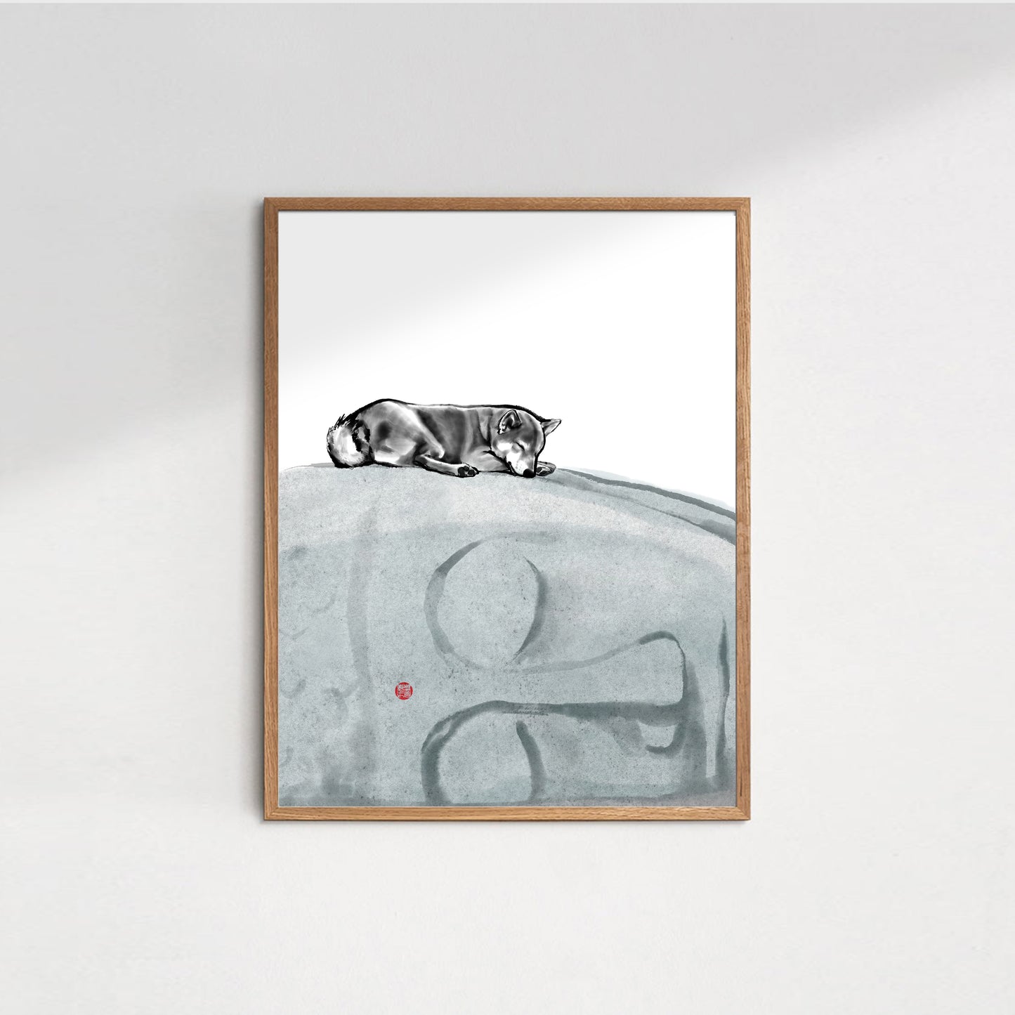 Peace and Happiness, Sleeping Buddha & Shiba Inu Art Print | Sumi-e Ink Painting Poster Pet illustration Wabi Sabi Asian zen theme Dog lover