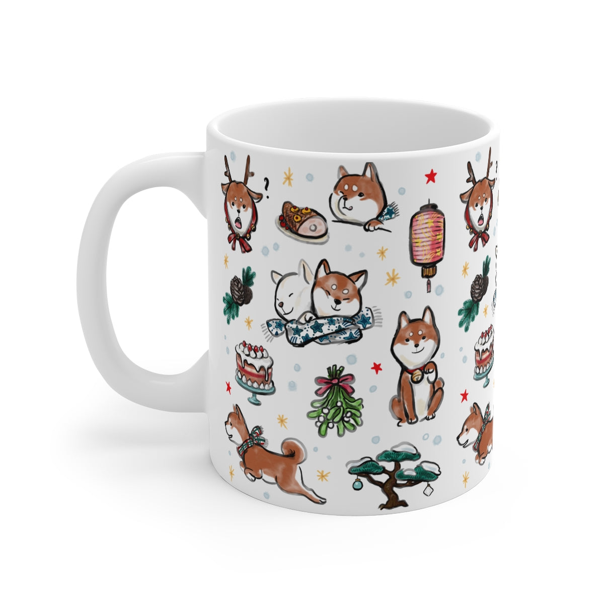 Happy Shiba Holiday Mug | Sumi-e Ink Gift Painting Japanese Cute Dog Animal Illustration Tea Coffee Christmas