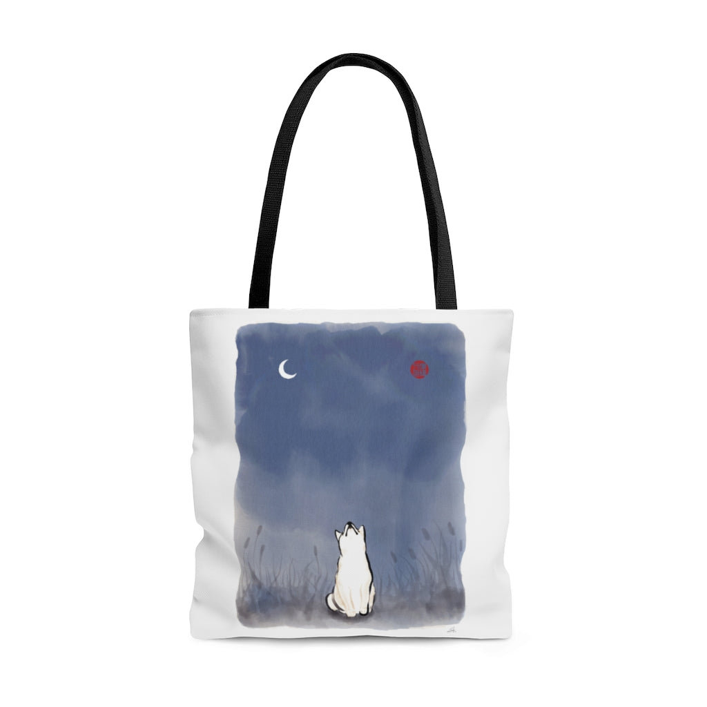Sun and Moon Shiba Inu AOP Tote Bag, Sumi-e Painting Print Eco Fashion