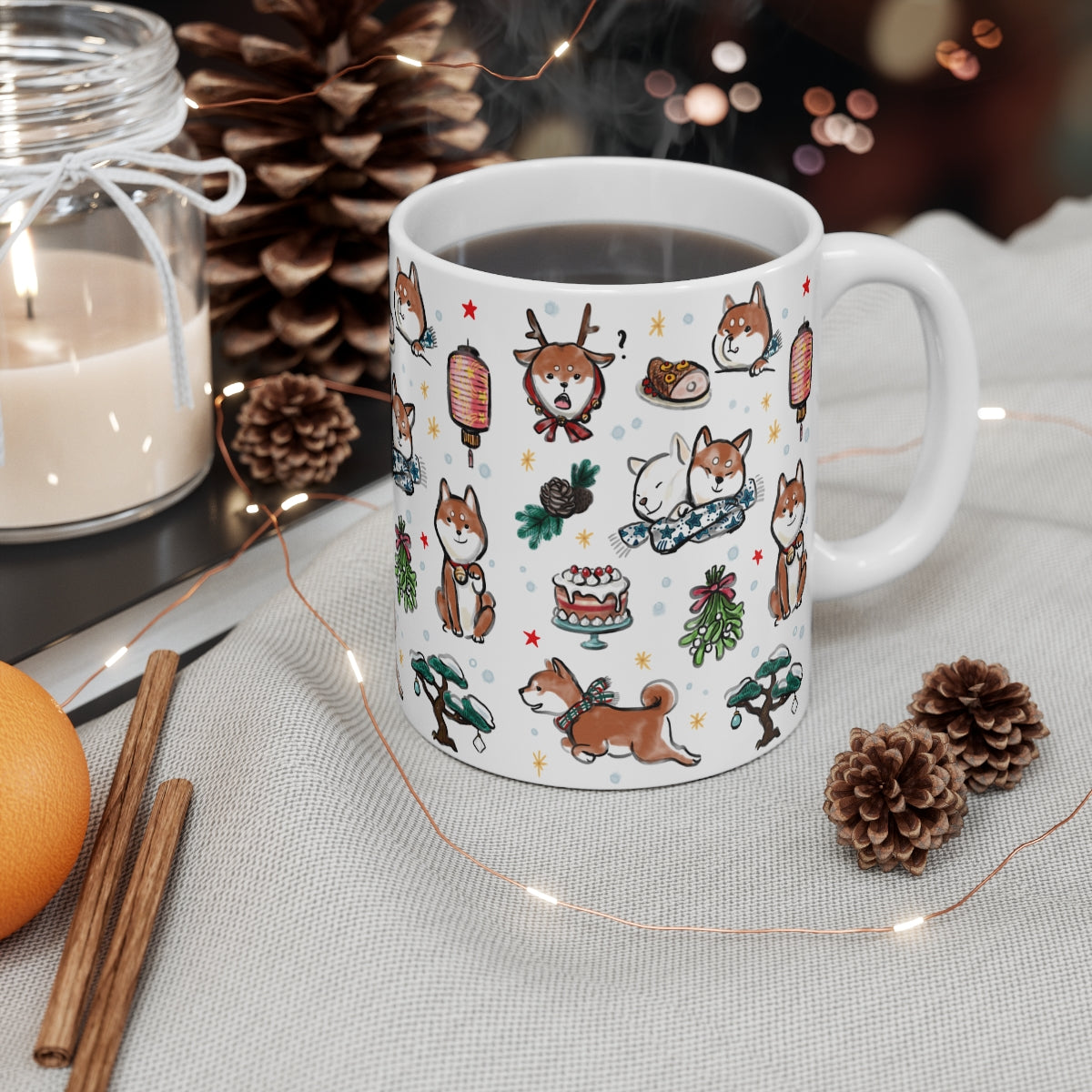 Happy Shiba Holiday Mug | Sumi-e Ink Gift Painting Japanese Cute Dog Animal Illustration Tea Coffee Christmas