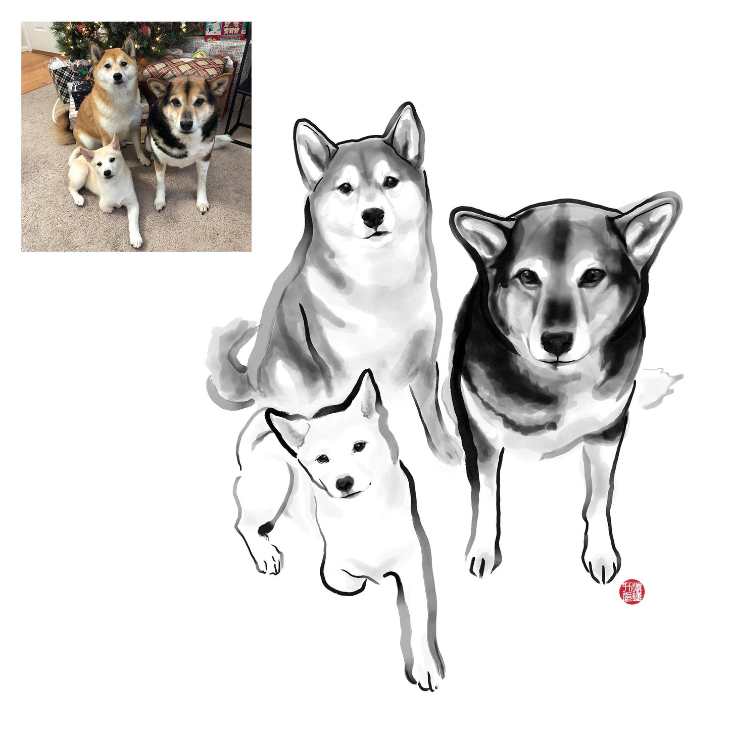 Custom Sumi Ink B&W Pet Portrait