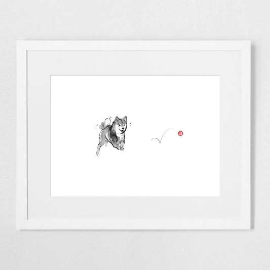 Shiba and Red Ball Sumi Ink Art Print Poster