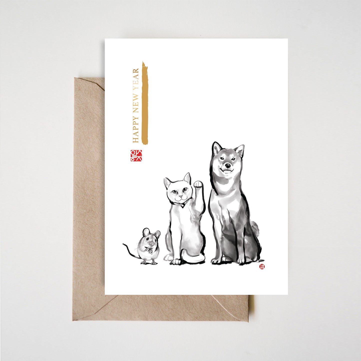 Happy New Year Shiba Inu,Cat,Mouse Card