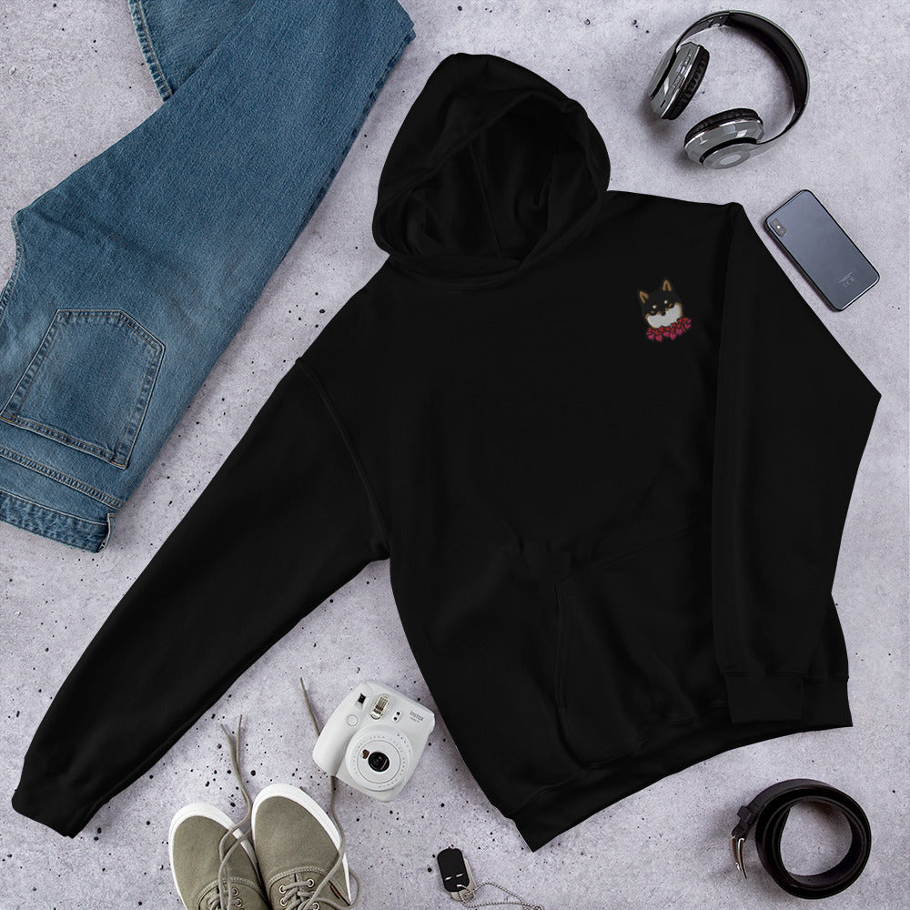 Embroidered Black and Tan Shiba Inu Unisex Hoodie | Red Hearts Love Valentine's Day Gift Dog