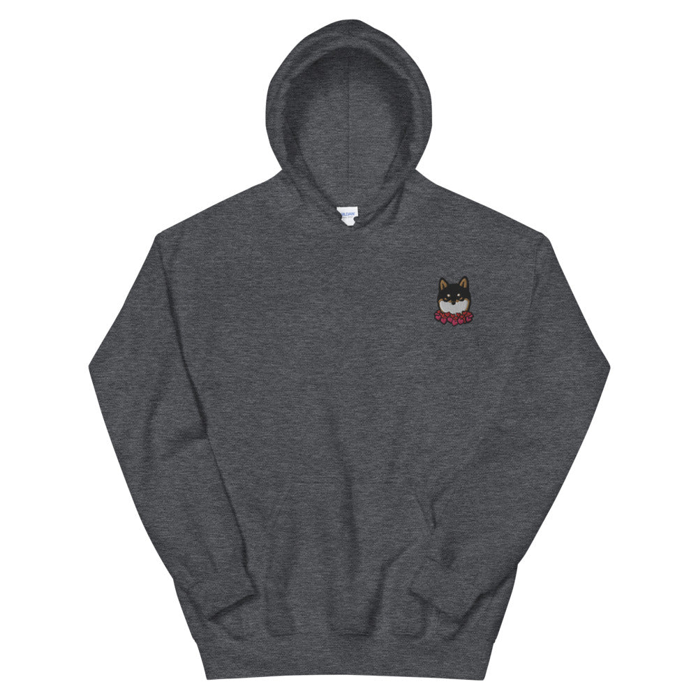 Embroidered Black and Tan Shiba Inu Unisex Hoodie | Red Hearts Love Valentine's Day Gift Dog