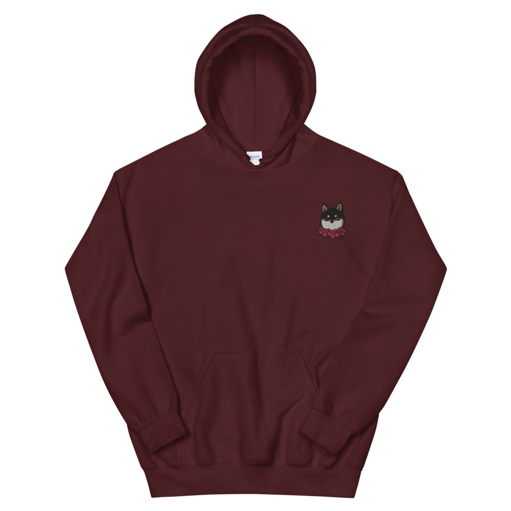 Embroidered Black and Tan Shiba Inu Unisex Hoodie | Red Hearts Love Valentine's Day Gift Dog