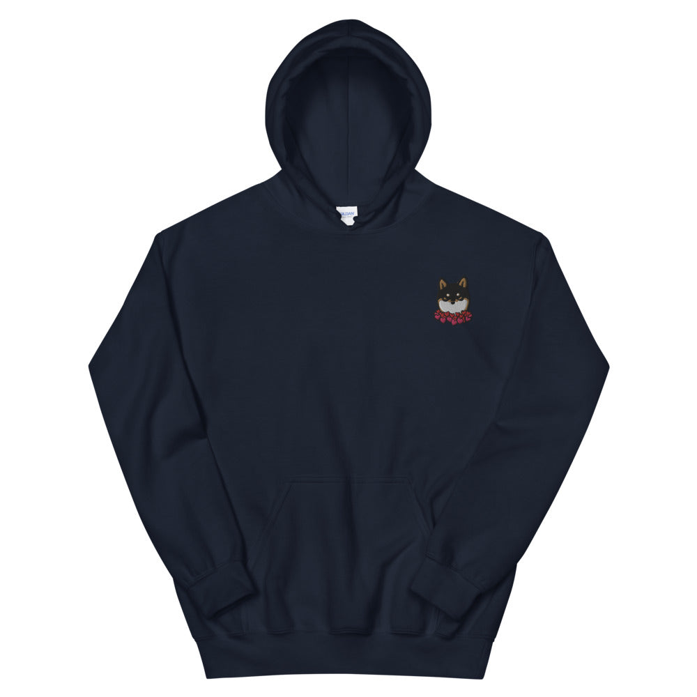 Embroidered Black and Tan Shiba Inu Unisex Hoodie | Red Hearts Love Valentine's Day Gift Dog