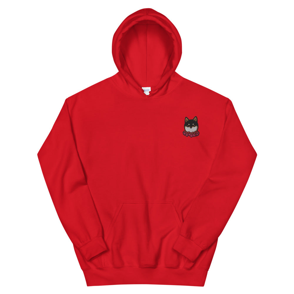 Embroidered Black and Tan Shiba Inu Unisex Hoodie | Red Hearts Love Valentine's Day Gift Dog