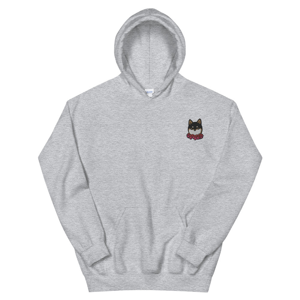 Embroidered Black and Tan Shiba Inu Unisex Hoodie | Red Hearts Love Valentine's Day Gift Dog