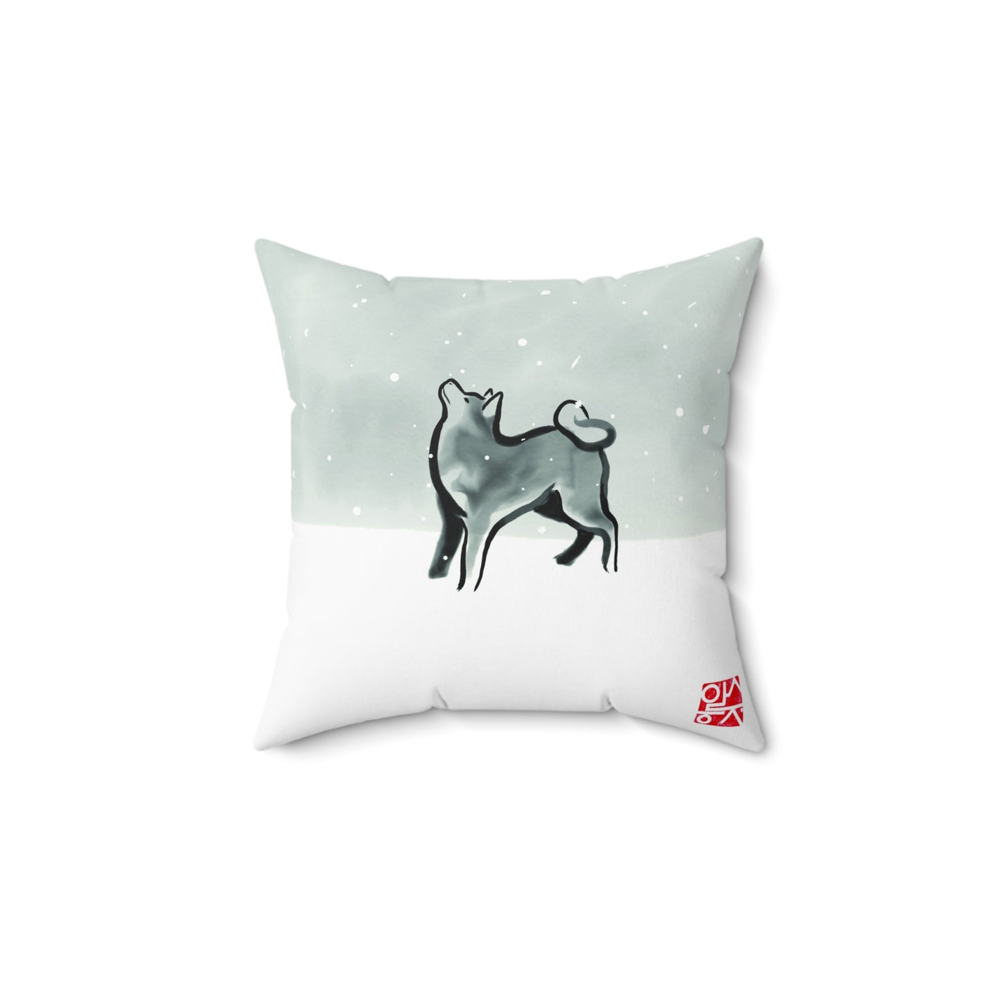 Snowy Sky Shiba Akita Pillow, Sumi Ink Art