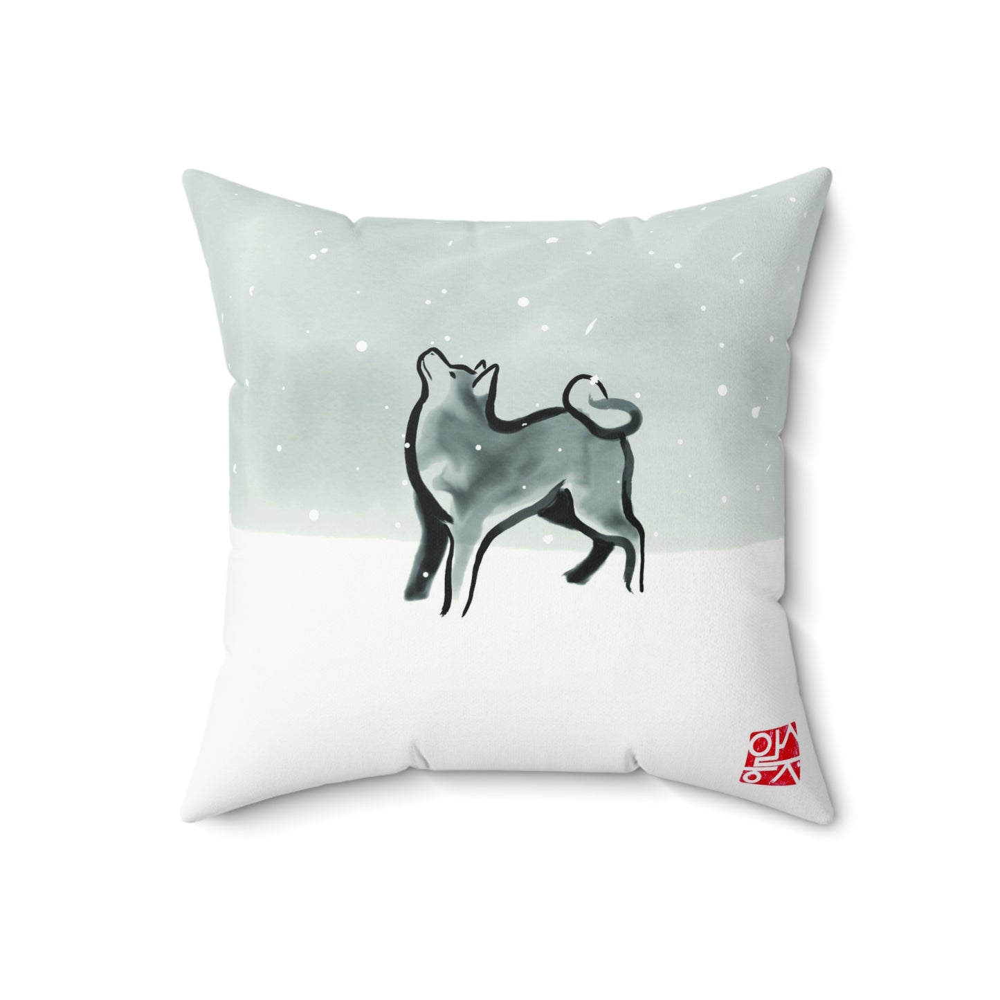 Snowy Sky Shiba Akita Pillow, Sumi Ink Art