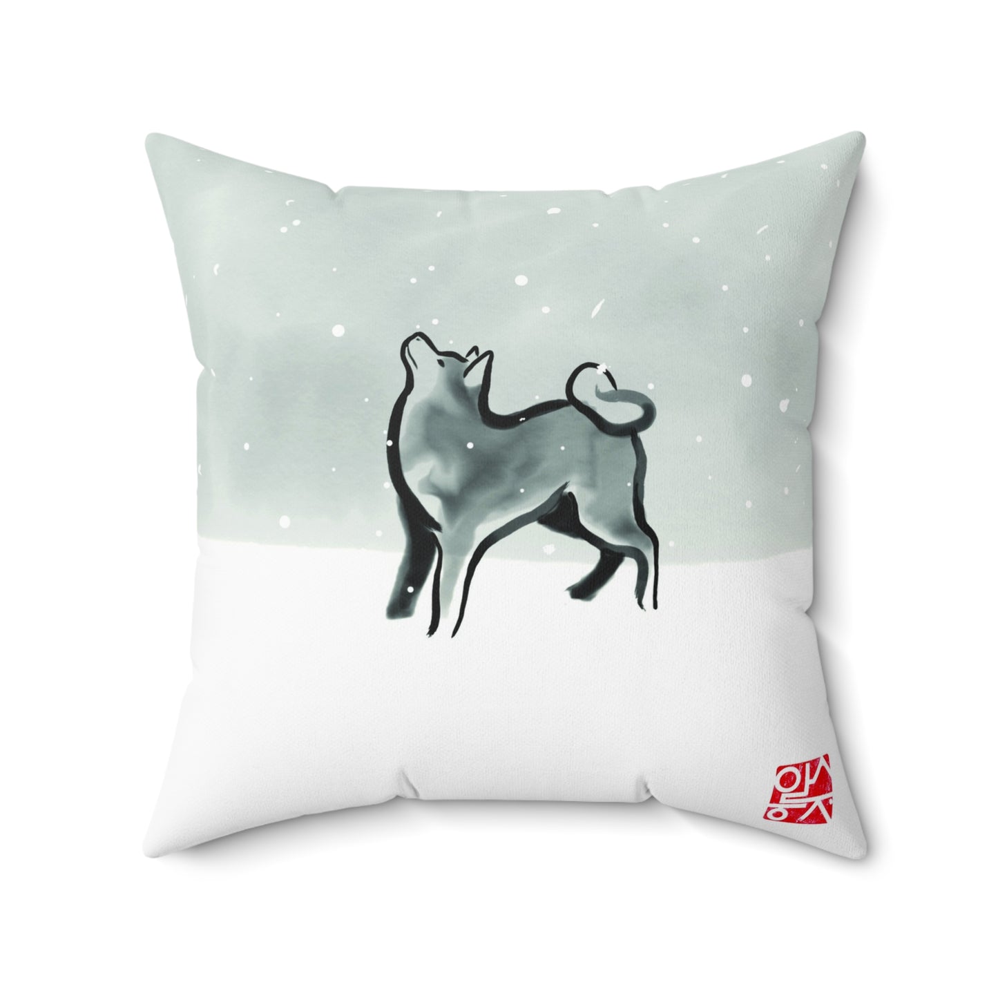 Snowy Sky Shiba Akita Pillow, Sumi Ink Art