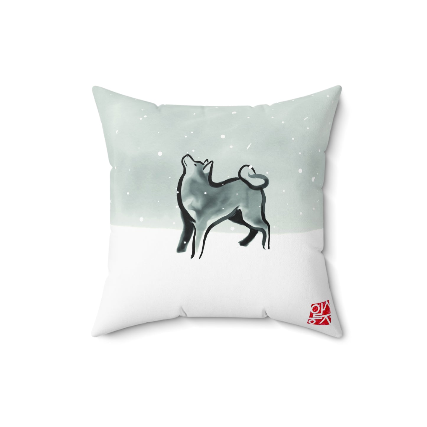 Snowy Sky Shiba Akita Pillow, Sumi Ink Art