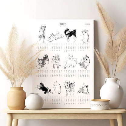 2025 Shiba Inu Hand-drawn Calendar, Sumi-e Ink Wall Art New Years Planner Zen Good Luck Dog Pet Lovers Jindo Appointment Yearly