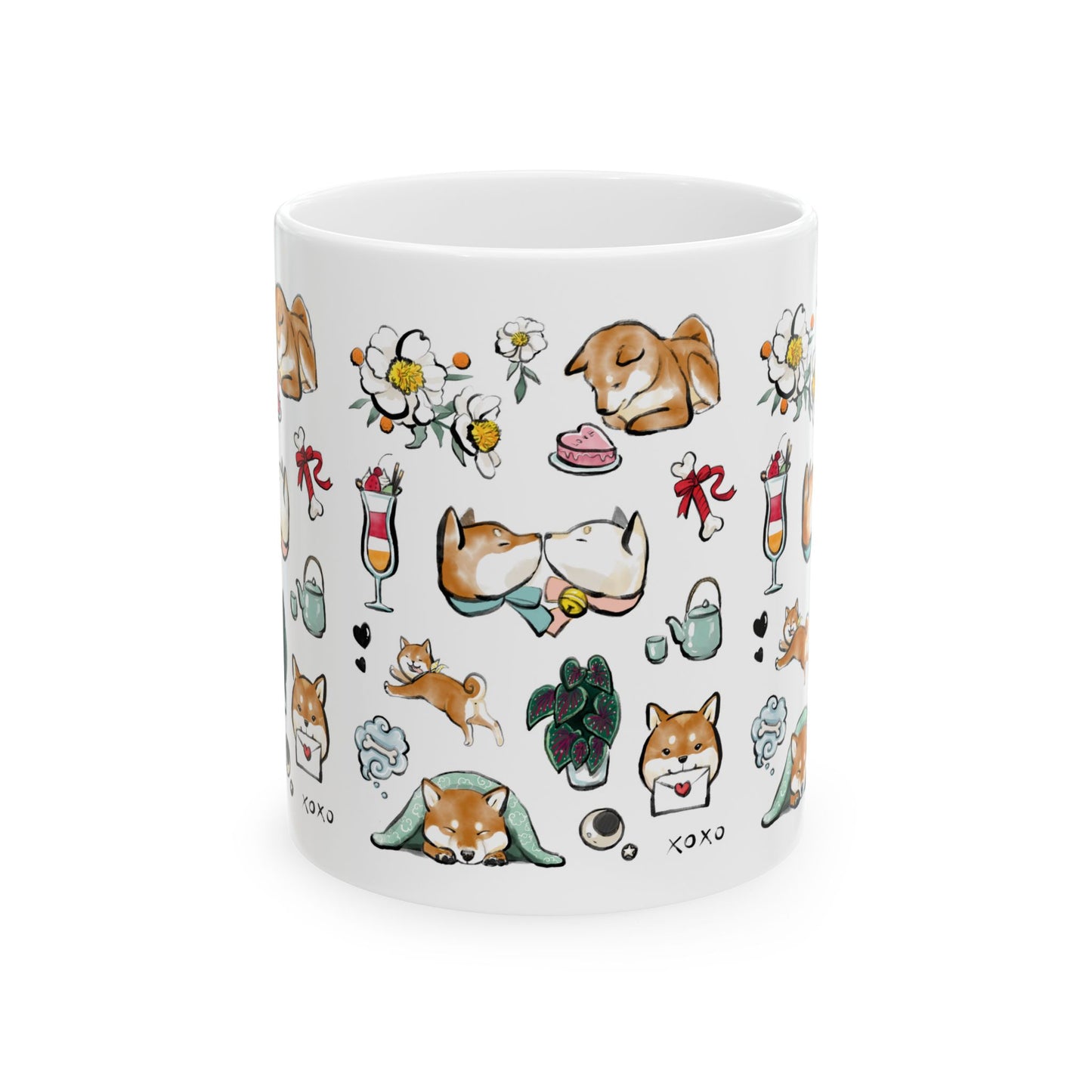 Be my Valentine Red Shiba Mug — 11oz/15oz Ceramic Coffee Cup with Dog Illustrations