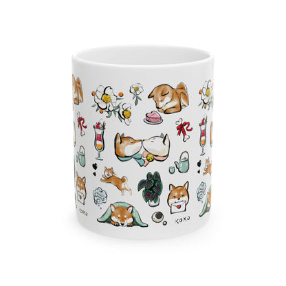 Be my Valentine Red Shiba Mug — 11oz/15oz Ceramic Coffee Cup with Dog Illustrations