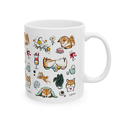 Be my Valentine Red Shiba Mug — 11oz/15oz Ceramic Coffee Cup with Dog Illustrations