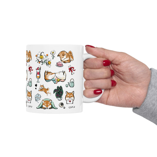 Be my Valentine Red Shiba Mug — 11oz/15oz Ceramic Coffee Cup with Dog Illustrations