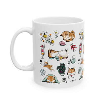 Be my Valentine Red Shiba Mug — 11oz/15oz Ceramic Coffee Cup with Dog Illustrations