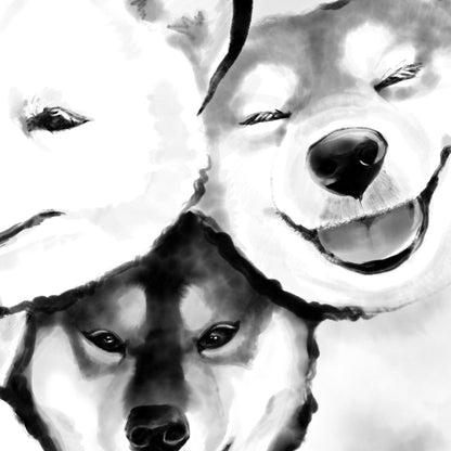 Three Peas in a Pod Shiba Inu Greeting Card | Sumi-e Ink Painting Pet illustration Wabi Sabi Asian Brush Zen theme Dog Toy lover Friendship