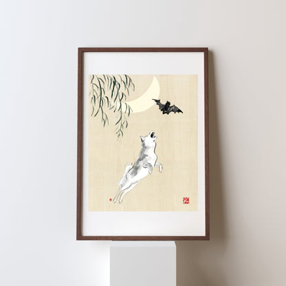 Chasing Bat and Moon Shiba Art Print Poster | Illustration Modern Sumi-e Painting Ink Zen Drawing Japanese Wall Deco B&W Dog
