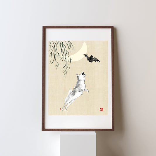 Chasing Bat and Moon Shiba Art Print Poster | Illustration Modern Sumi-e Painting Ink Zen Drawing Japanese Wall Deco B&W Dog