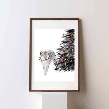 Can I Help? Shiba Inu Christmas Art Print | Sumi Ink Wall Art Winter Humor